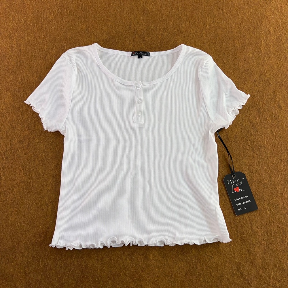 Splash Women Large White Ribbed Lettuce Trim Henley Short Sleeve T-Shirt NWT